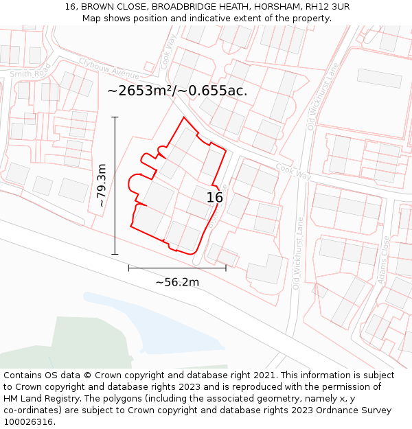 16, BROWN CLOSE, BROADBRIDGE HEATH, HORSHAM, RH12 3UR: Plot and title map