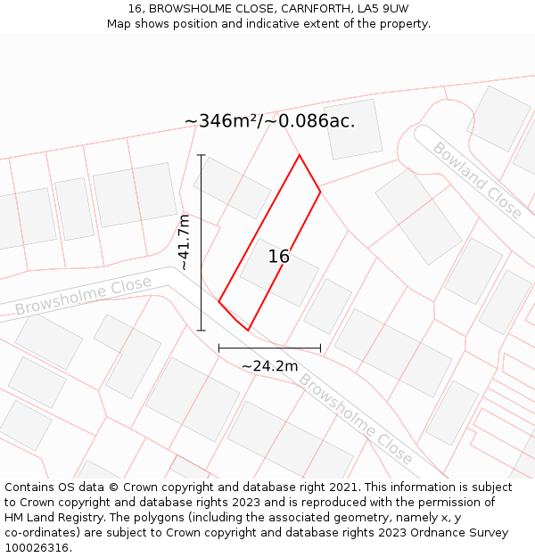 16, BROWSHOLME CLOSE, CARNFORTH, LA5 9UW: Plot and title map