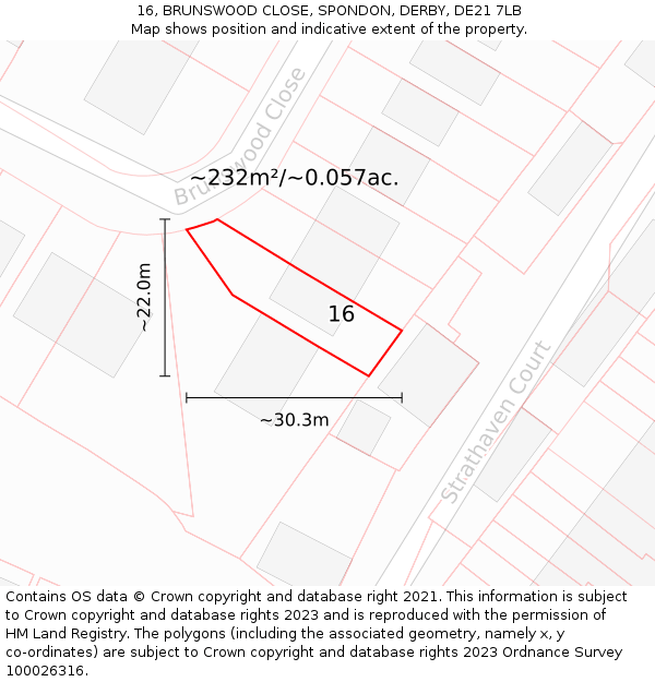 16, BRUNSWOOD CLOSE, SPONDON, DERBY, DE21 7LB: Plot and title map