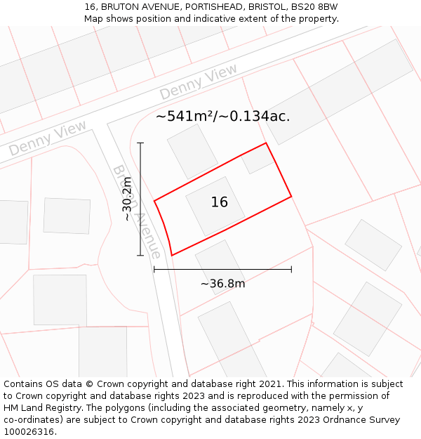 16, BRUTON AVENUE, PORTISHEAD, BRISTOL, BS20 8BW: Plot and title map