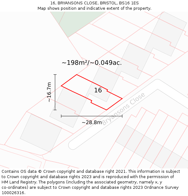16, BRYANSONS CLOSE, BRISTOL, BS16 1ES: Plot and title map
