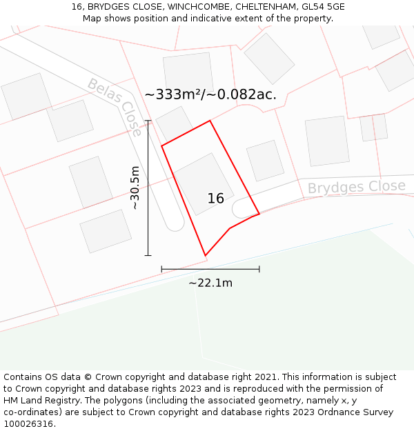 16, BRYDGES CLOSE, WINCHCOMBE, CHELTENHAM, GL54 5GE: Plot and title map