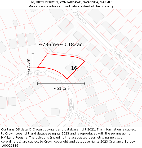 16, BRYN DERWEN, PONTARDAWE, SWANSEA, SA8 4LF: Plot and title map