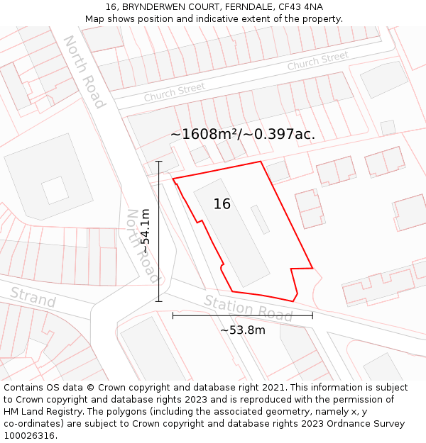 16, BRYNDERWEN COURT, FERNDALE, CF43 4NA: Plot and title map