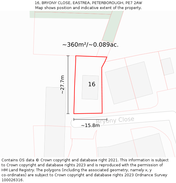 16, BRYONY CLOSE, EASTREA, PETERBOROUGH, PE7 2AW: Plot and title map