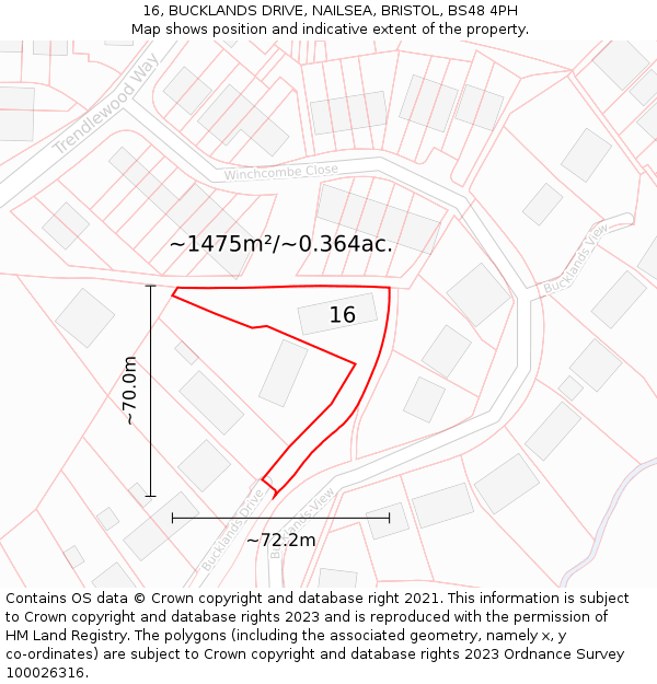 16, BUCKLANDS DRIVE, NAILSEA, BRISTOL, BS48 4PH: Plot and title map