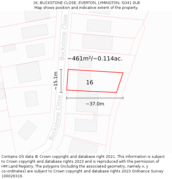 16, BUCKSTONE CLOSE, EVERTON, LYMINGTON, SO41 0UE: Plot and title map