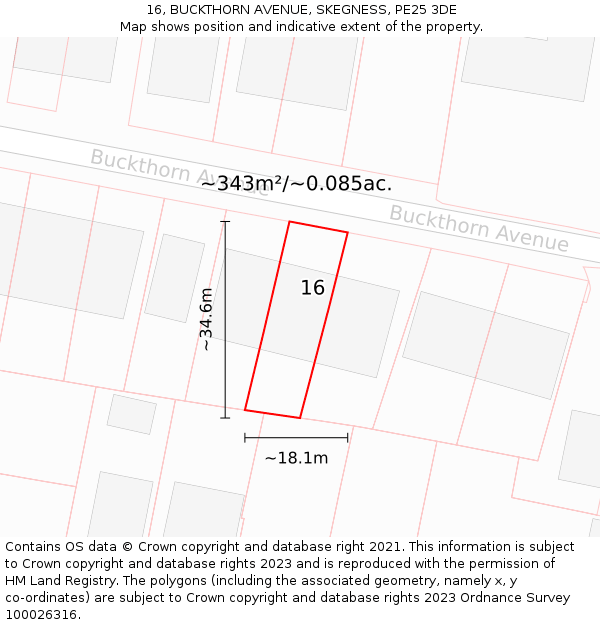 16, BUCKTHORN AVENUE, SKEGNESS, PE25 3DE: Plot and title map