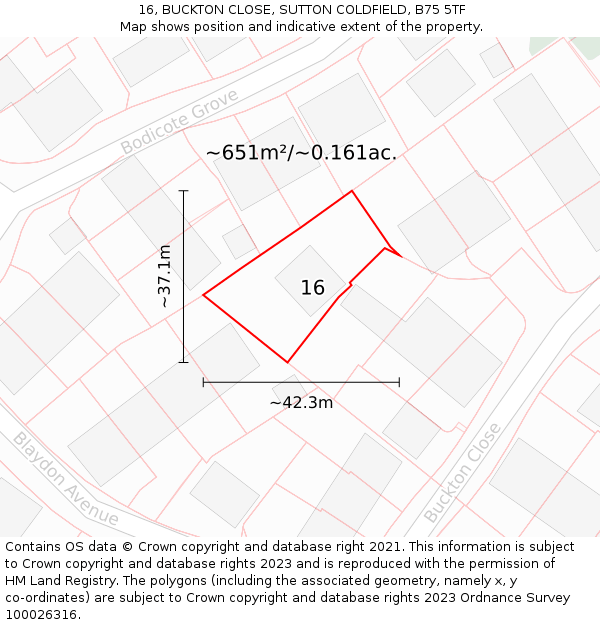 16, BUCKTON CLOSE, SUTTON COLDFIELD, B75 5TF: Plot and title map