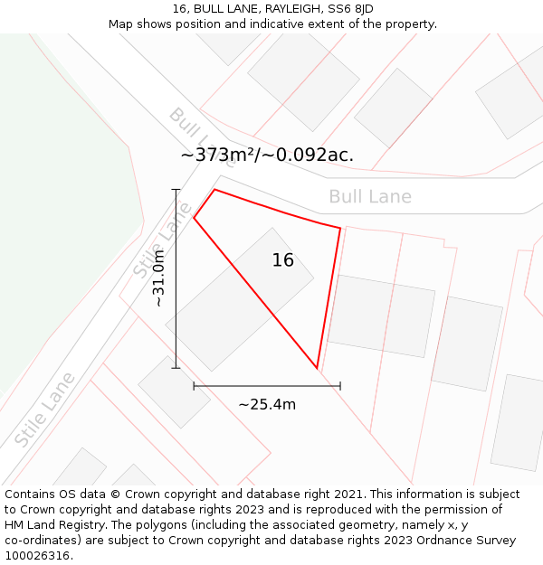 16, BULL LANE, RAYLEIGH, SS6 8JD: Plot and title map
