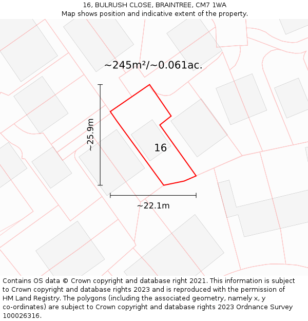 16, BULRUSH CLOSE, BRAINTREE, CM7 1WA: Plot and title map
