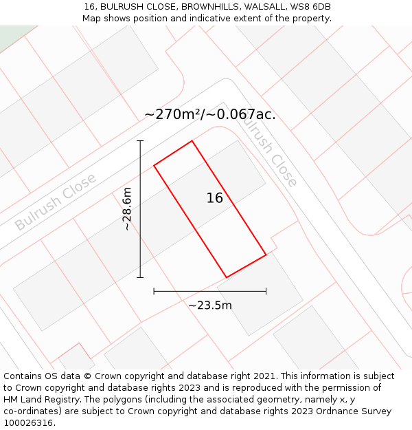 16, BULRUSH CLOSE, BROWNHILLS, WALSALL, WS8 6DB: Plot and title map