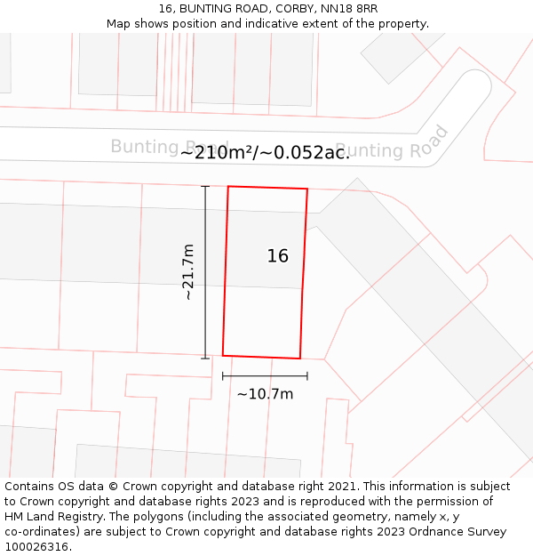 16, BUNTING ROAD, CORBY, NN18 8RR: Plot and title map