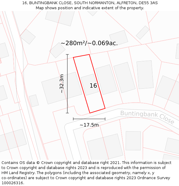16, BUNTINGBANK CLOSE, SOUTH NORMANTON, ALFRETON, DE55 3AS: Plot and title map