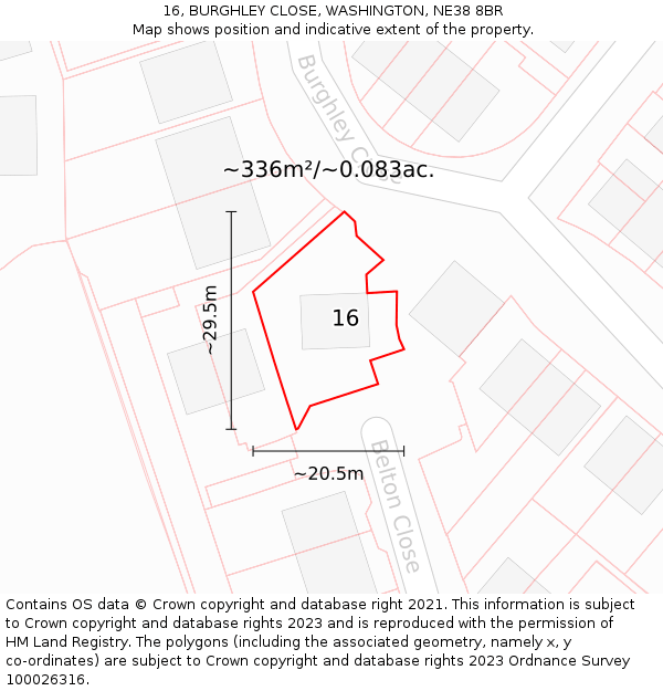 16, BURGHLEY CLOSE, WASHINGTON, NE38 8BR: Plot and title map