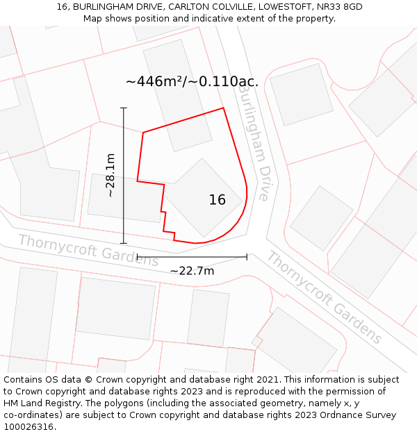 16, BURLINGHAM DRIVE, CARLTON COLVILLE, LOWESTOFT, NR33 8GD: Plot and title map