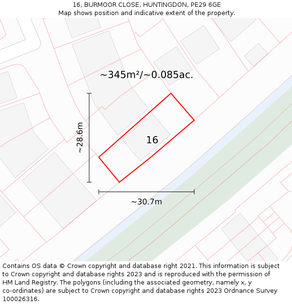 16, BURMOOR CLOSE, HUNTINGDON, PE29 6GE: Plot and title map