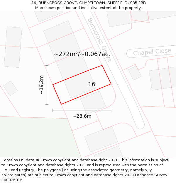 16, BURNCROSS GROVE, CHAPELTOWN, SHEFFIELD, S35 1RB: Plot and title map
