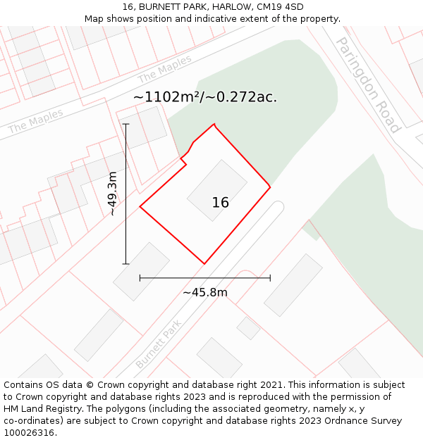 16, BURNETT PARK, HARLOW, CM19 4SD: Plot and title map