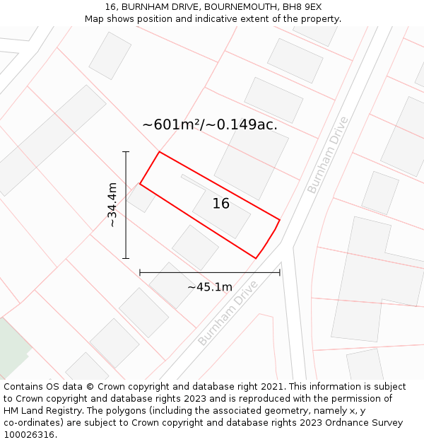 16, BURNHAM DRIVE, BOURNEMOUTH, BH8 9EX: Plot and title map