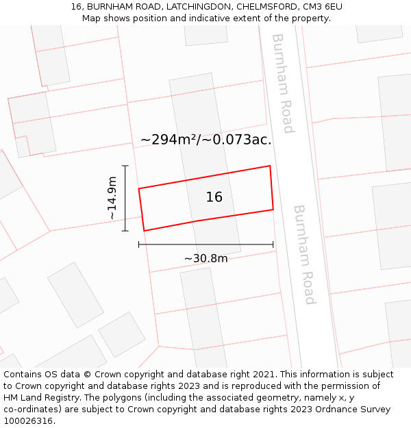 16, BURNHAM ROAD, LATCHINGDON, CHELMSFORD, CM3 6EU: Plot and title map