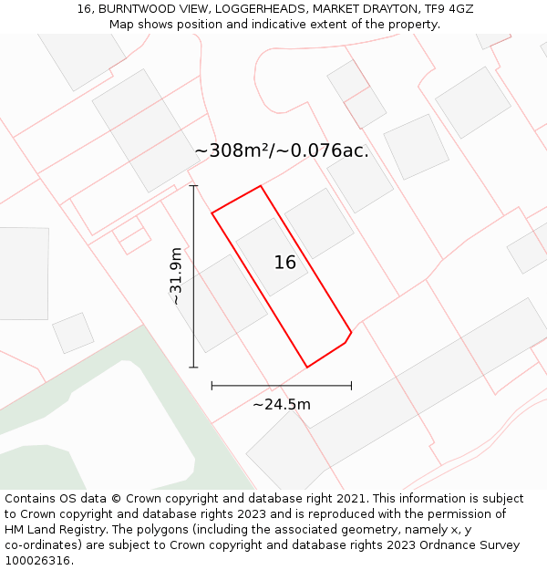 16, BURNTWOOD VIEW, LOGGERHEADS, MARKET DRAYTON, TF9 4GZ: Plot and title map