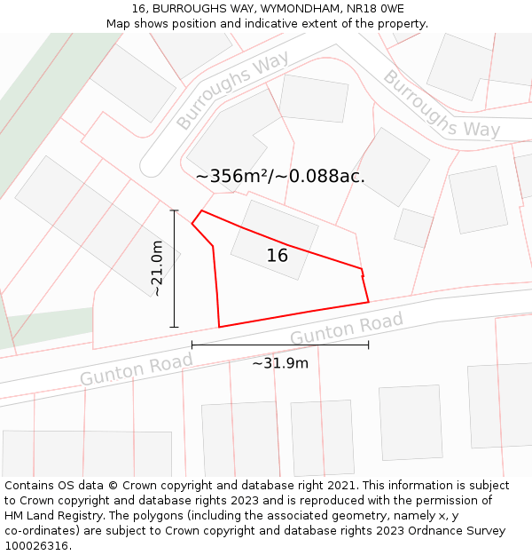 16, BURROUGHS WAY, WYMONDHAM, NR18 0WE: Plot and title map
