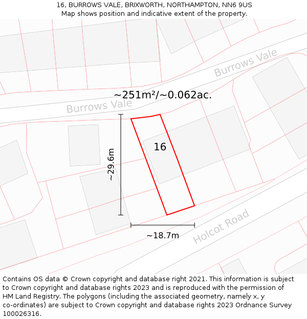 16, BURROWS VALE, BRIXWORTH, NORTHAMPTON, NN6 9US: Plot and title map