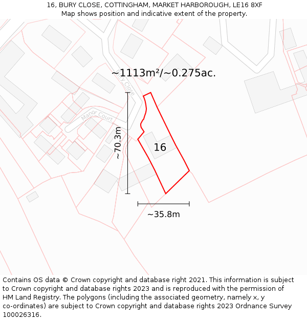 16, BURY CLOSE, COTTINGHAM, MARKET HARBOROUGH, LE16 8XF: Plot and title map