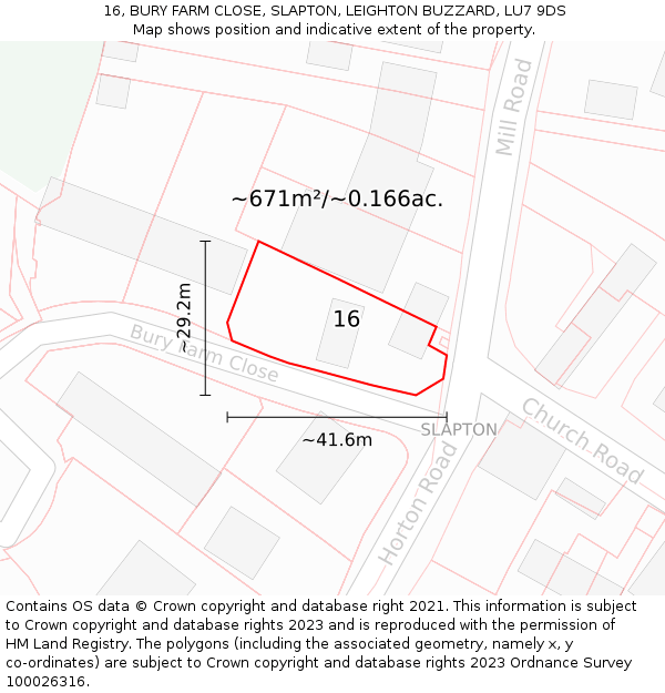 16, BURY FARM CLOSE, SLAPTON, LEIGHTON BUZZARD, LU7 9DS: Plot and title map