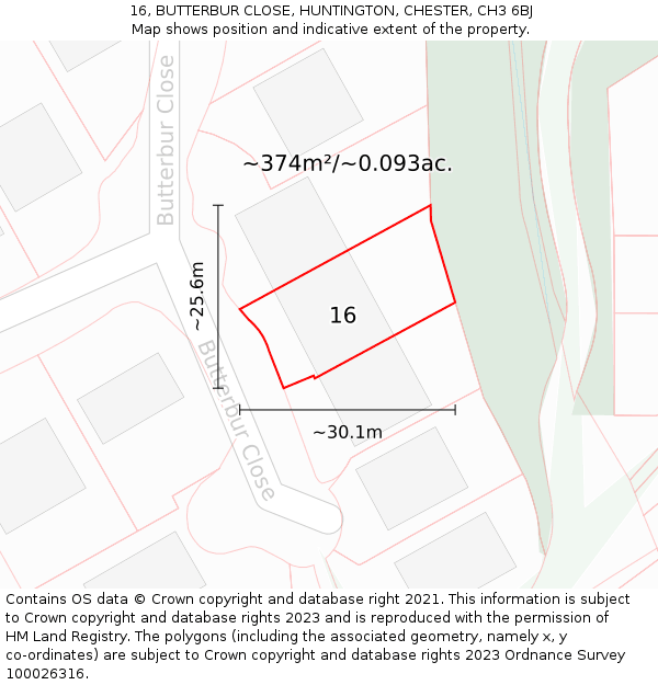 16, BUTTERBUR CLOSE, HUNTINGTON, CHESTER, CH3 6BJ: Plot and title map