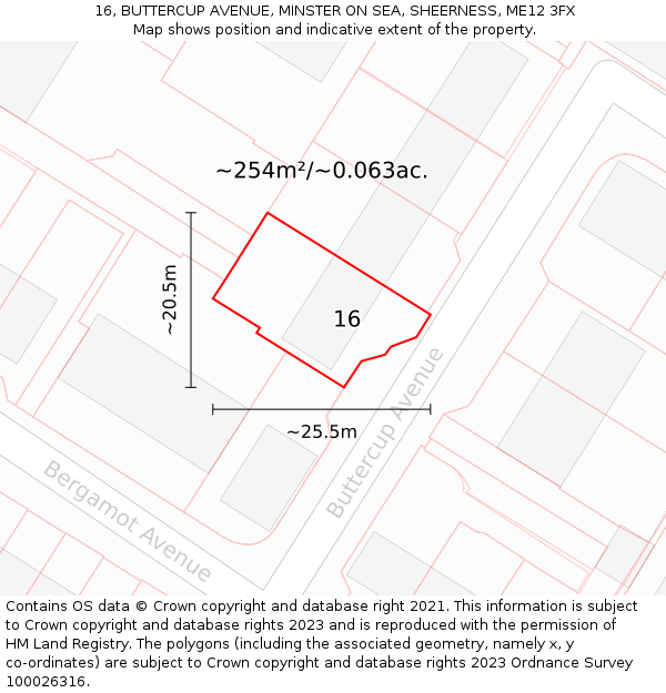 16, BUTTERCUP AVENUE, MINSTER ON SEA, SHEERNESS, ME12 3FX: Plot and title map