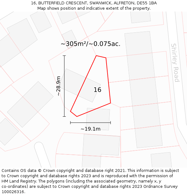 16, BUTTERFIELD CRESCENT, SWANWICK, ALFRETON, DE55 1BA: Plot and title map