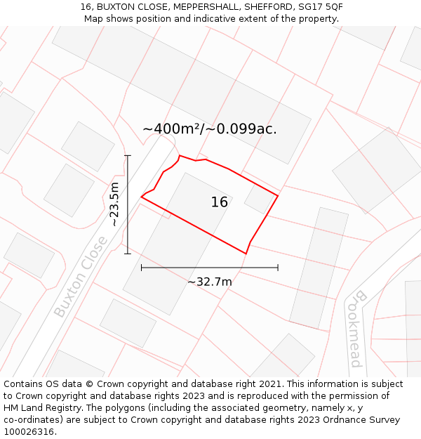 16, BUXTON CLOSE, MEPPERSHALL, SHEFFORD, SG17 5QF: Plot and title map