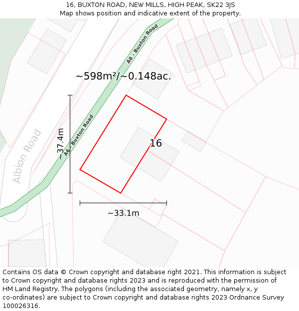 16, BUXTON ROAD, NEW MILLS, HIGH PEAK, SK22 3JS: Plot and title map