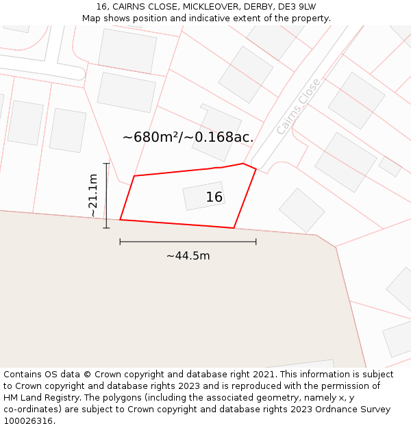 16, CAIRNS CLOSE, MICKLEOVER, DERBY, DE3 9LW: Plot and title map
