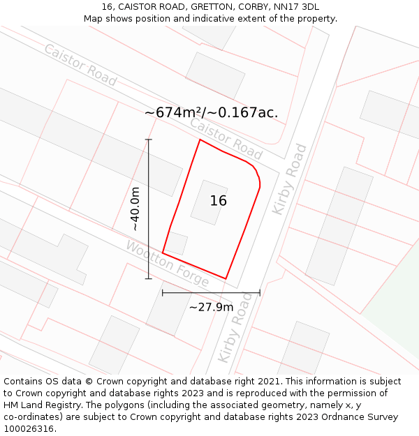 16, CAISTOR ROAD, GRETTON, CORBY, NN17 3DL: Plot and title map