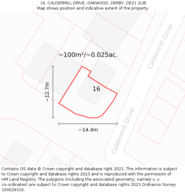 16, CALDERMILL DRIVE, OAKWOOD, DERBY, DE21 2UB: Plot and title map