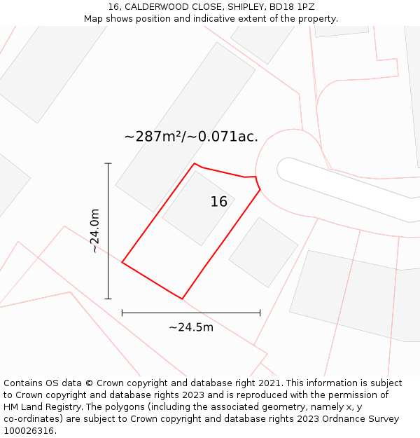 16, CALDERWOOD CLOSE, SHIPLEY, BD18 1PZ: Plot and title map