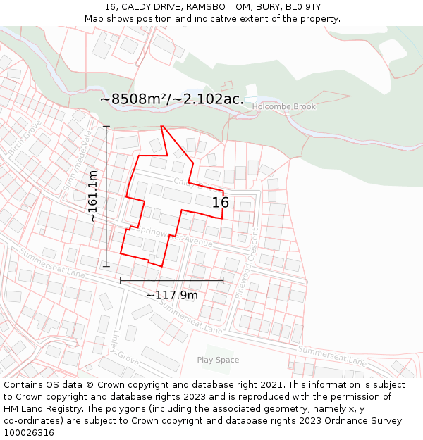 16, CALDY DRIVE, RAMSBOTTOM, BURY, BL0 9TY: Plot and title map
