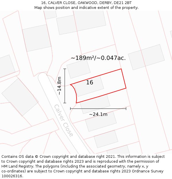 16, CALVER CLOSE, OAKWOOD, DERBY, DE21 2BT: Plot and title map