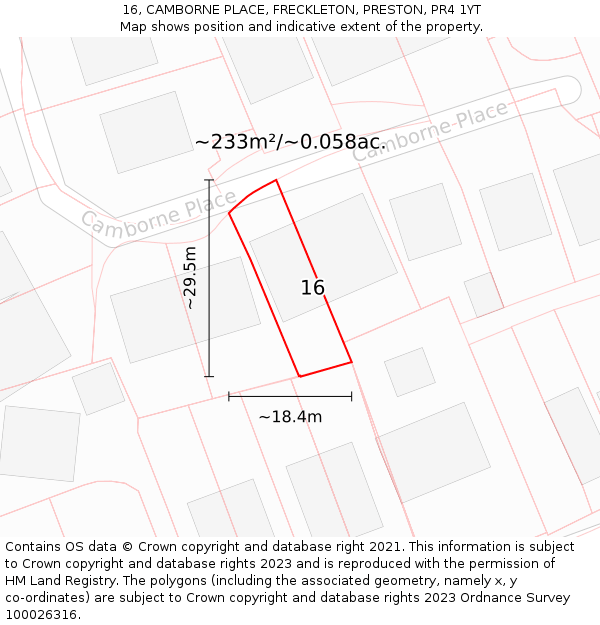 16, CAMBORNE PLACE, FRECKLETON, PRESTON, PR4 1YT: Plot and title map