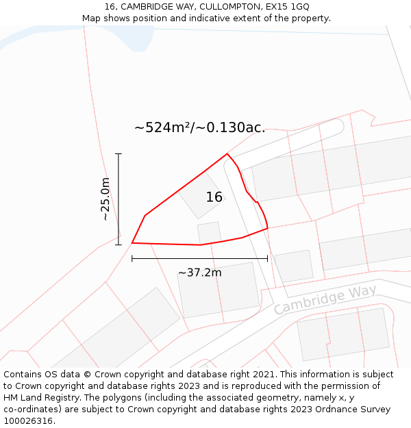 16, CAMBRIDGE WAY, CULLOMPTON, EX15 1GQ: Plot and title map