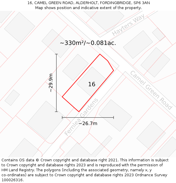 16, CAMEL GREEN ROAD, ALDERHOLT, FORDINGBRIDGE, SP6 3AN: Plot and title map