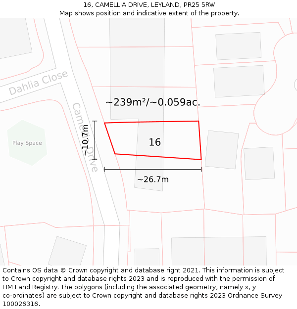16, CAMELLIA DRIVE, LEYLAND, PR25 5RW: Plot and title map