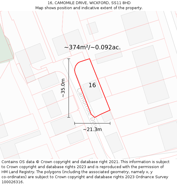 16, CAMOMILE DRIVE, WICKFORD, SS11 8HD: Plot and title map