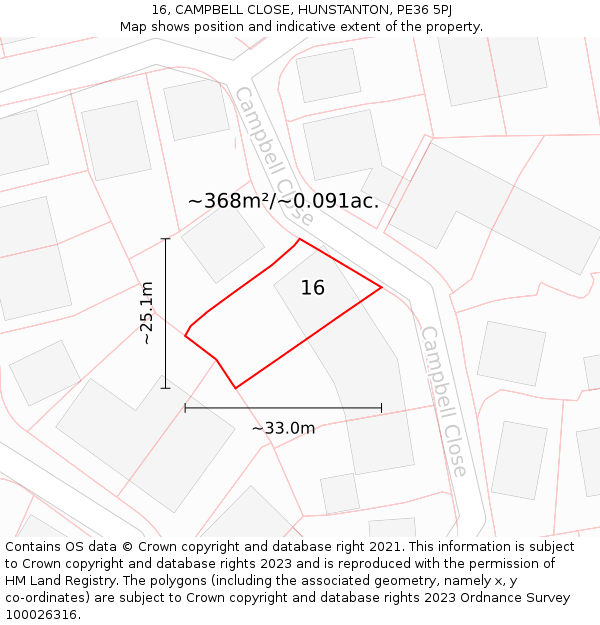 16, CAMPBELL CLOSE, HUNSTANTON, PE36 5PJ: Plot and title map