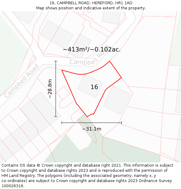16, CAMPBELL ROAD, HEREFORD, HR1 1AD: Plot and title map