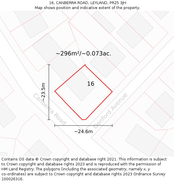 16, CANBERRA ROAD, LEYLAND, PR25 3JH: Plot and title map
