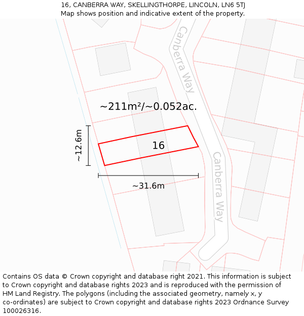 16, CANBERRA WAY, SKELLINGTHORPE, LINCOLN, LN6 5TJ: Plot and title map